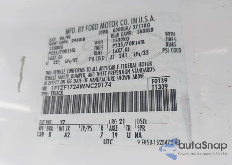 1998 Ford F-150 Standard/Xl/Xlt из США, поврежденный, VIN 1FTZF1724WNC20174